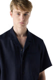Short-sleeved navy blue linen, wool and mohair shirt