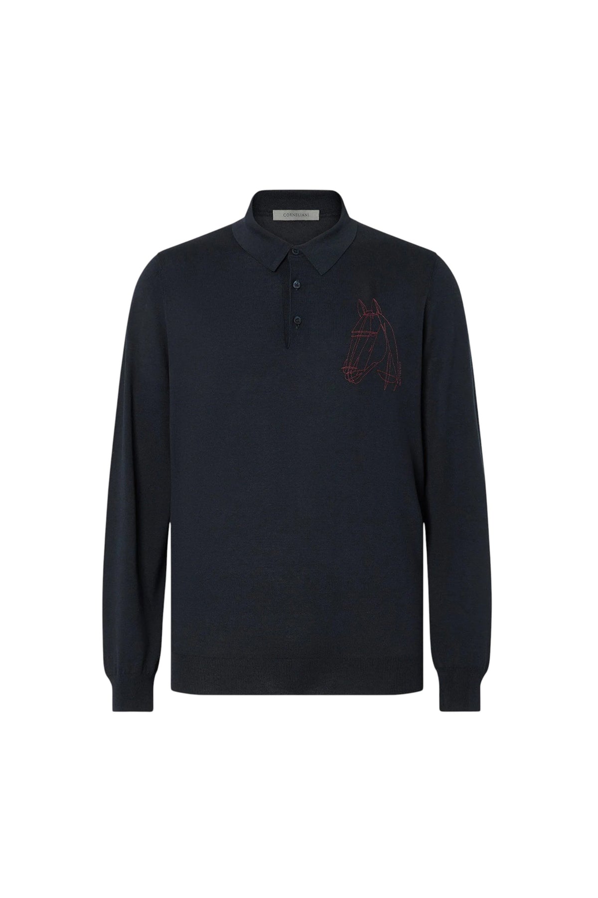 Navy button-up embroidered silk and cotton polo shirt