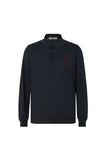 Navy button-up embroidered silk and cotton polo shirt