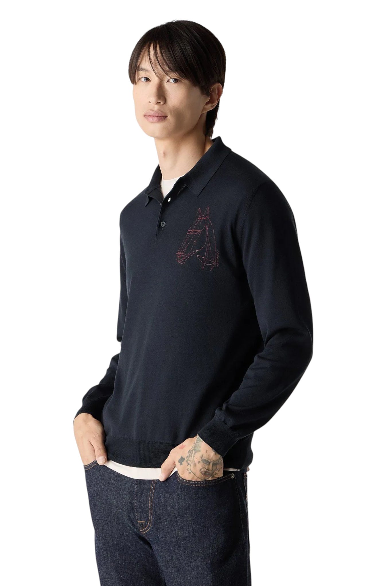 Navy button-up embroidered silk and cotton polo shirt