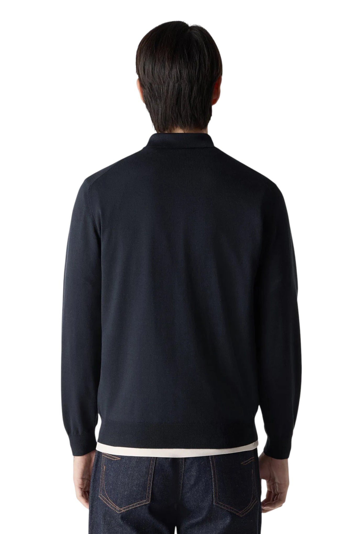 Navy button-up embroidered silk and cotton polo shirt