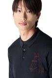 Navy button-up embroidered silk and cotton polo shirt