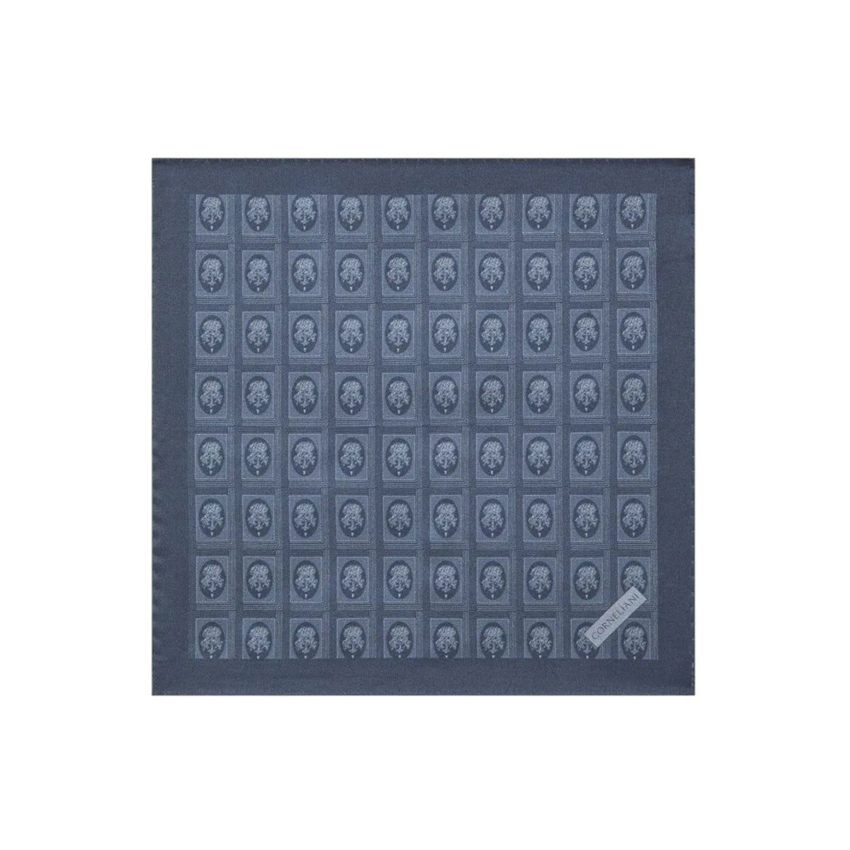 Blue silk pocket square with crest print