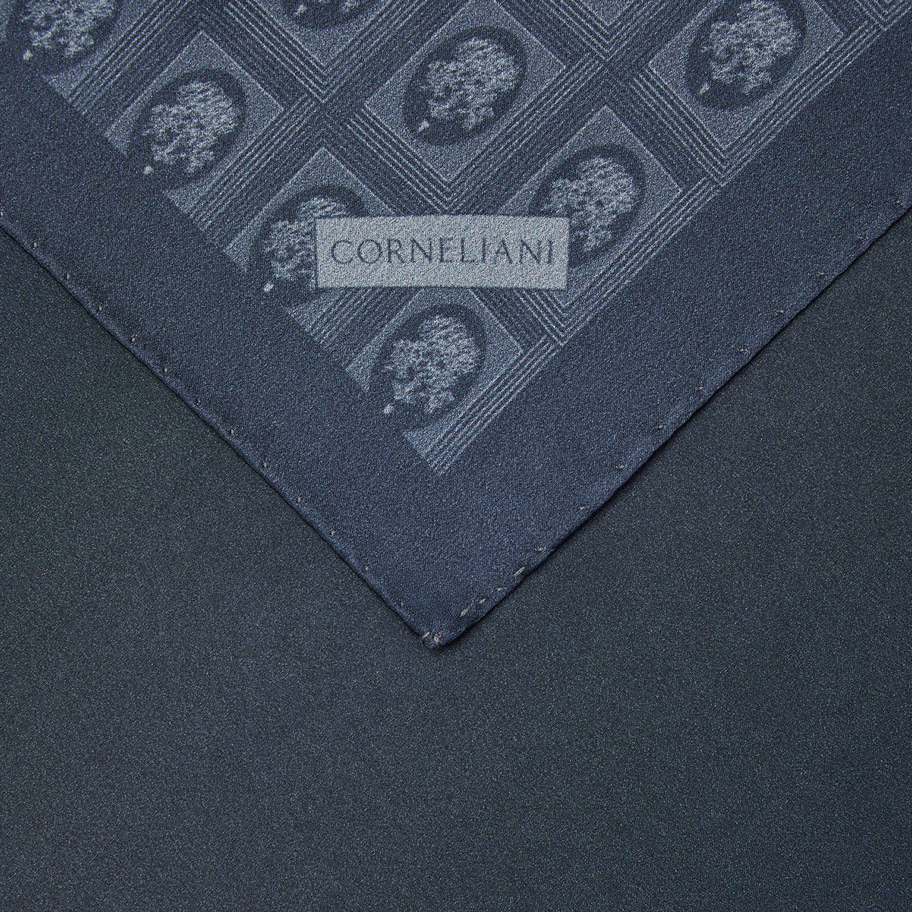 Blue silk pocket square with crest print