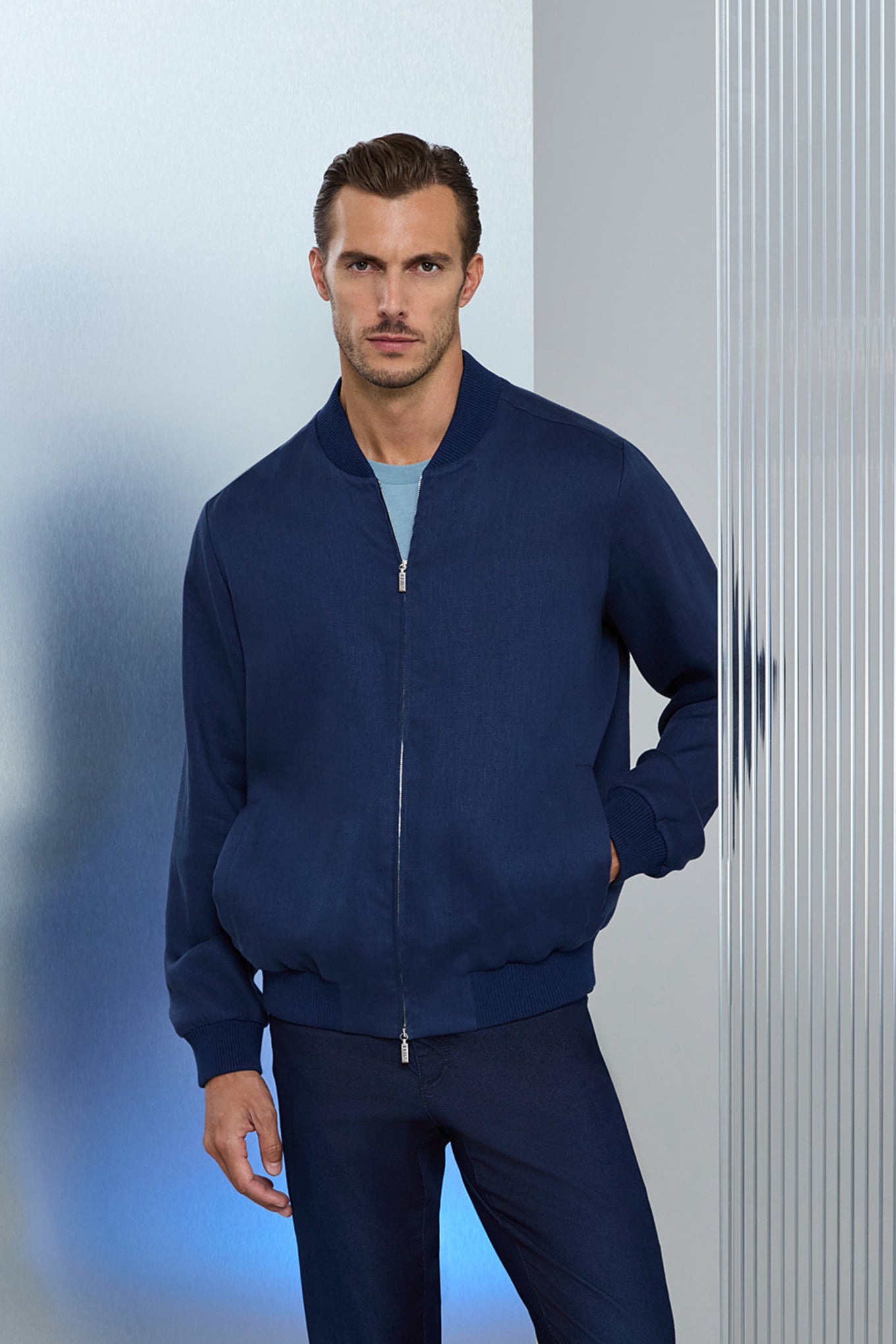 Light navy blue “Solid Color” bomber jacket